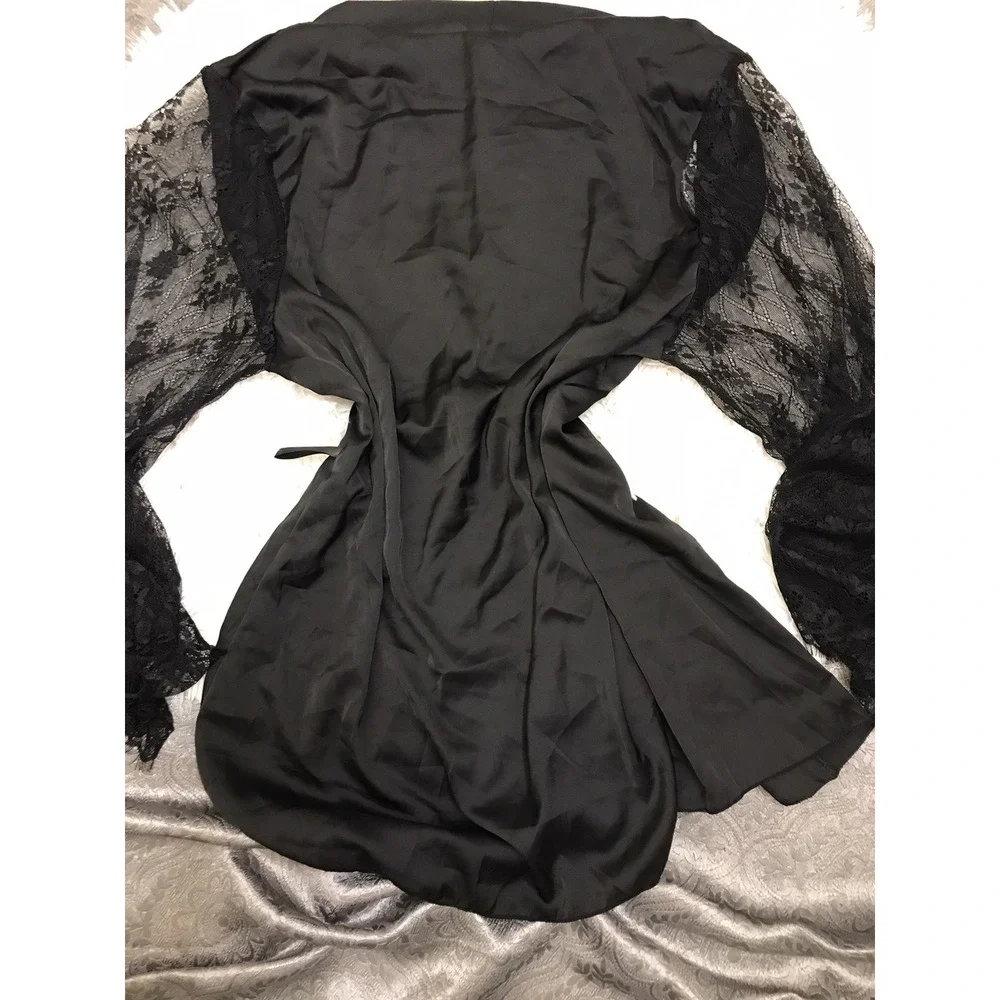 Oh La La Cheri Lace Trim Sheer Robe Lingerie Boudoir Long Sleeve S/M
